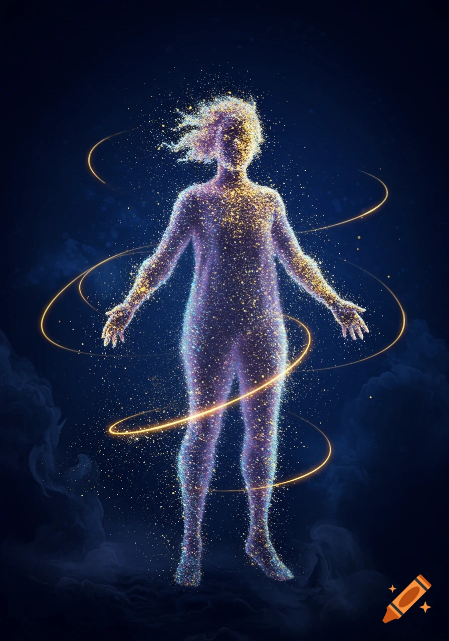 An ethereal human-like figure made of glowing purple and gold particles, surrounded by golden energy rings against a dark blue background.