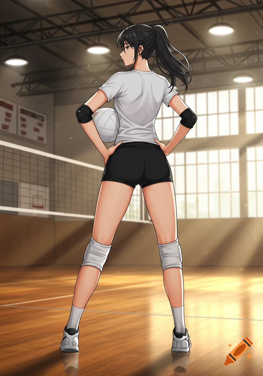 A slim, tall female volleyball player with a black ponytail, wearing a white t-shirt, black shorts, and white knee pads, stands facing away with hands on hips, holding a volleyball. The setting is a sunlit indoor volleyball court.