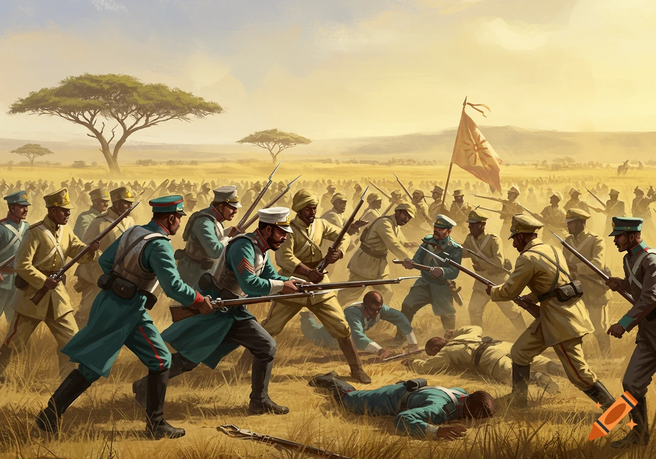 A painting of soldiers in teal, green, and light yellow uniforms engaged in a battle in a dry African landscape with acacia trees.