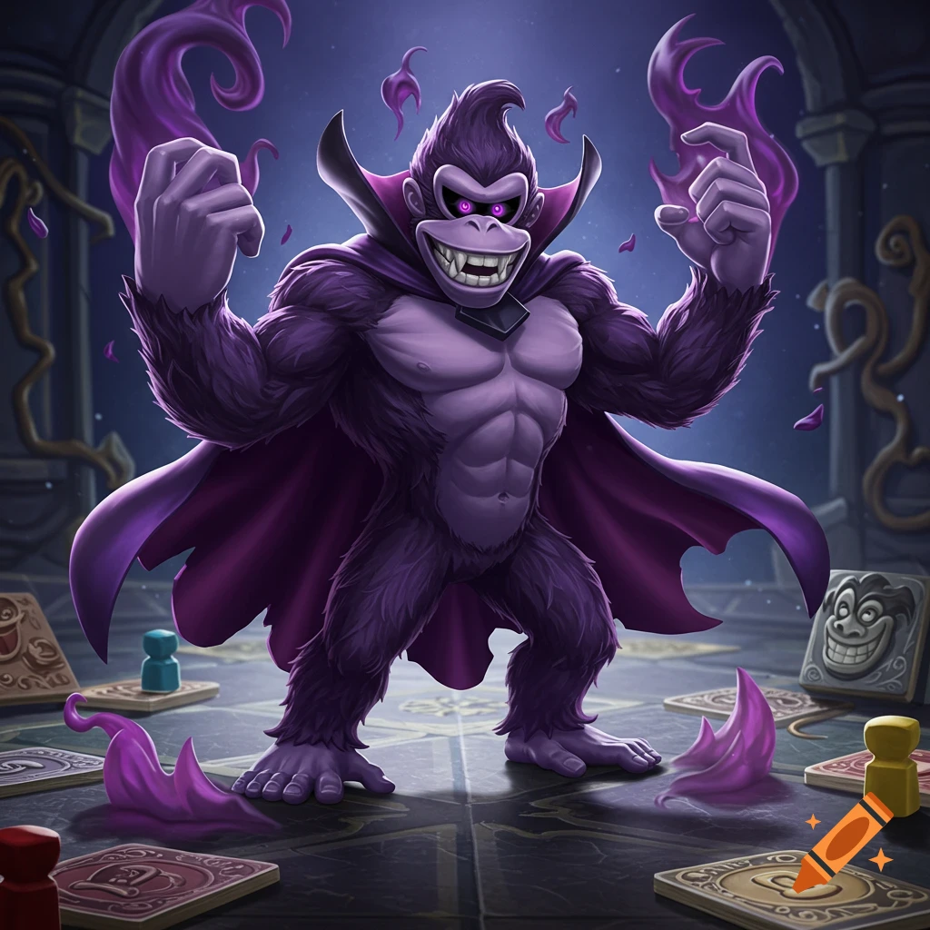 A muscular purple gorilla-like character with glowing purple eyes and vampire fangs, wearing a dark purple cape, stands on a board game with cards and game pieces, surrounded by purple magical flames.