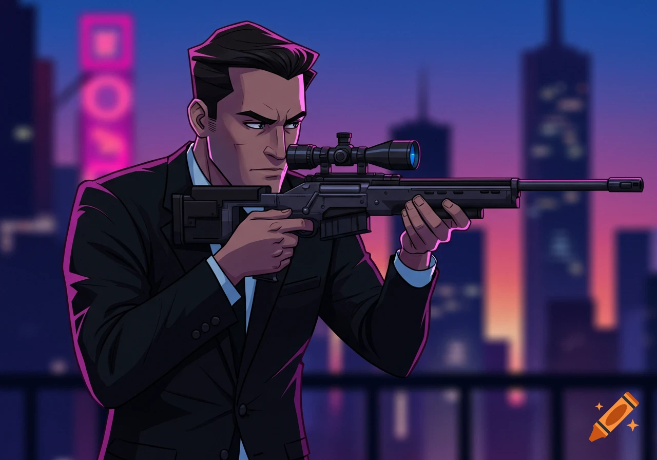 Cartoon man in a suit holding a sniper rifle, standing on a rooftop overlooking a neon city at night.