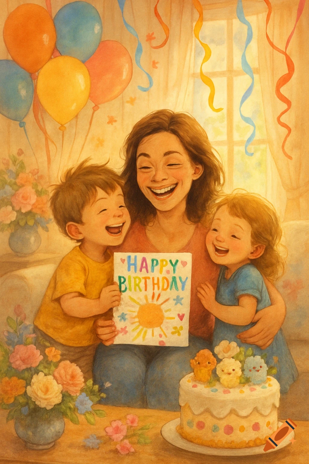 A heartwarming watercolor illustration of a laughing mother with her two happy children, one holding a "Happy Birthday" card, surrounded by balloons, a cake, and flowers.