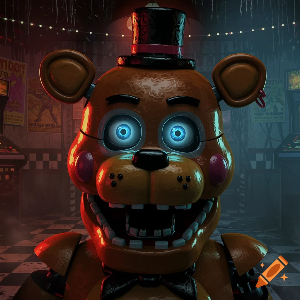 Close-up of Freddy Fazbear with glowing blue eyes and an open mouth, in a dimly lit, atmospheric arcade setting.