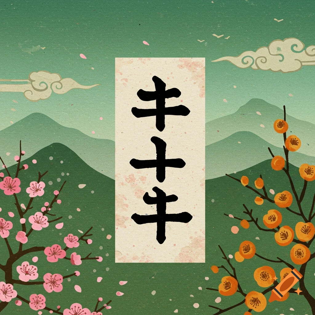 Traditional East Asian landscape painting with green mountains, plum blossoms, and orange flowers framing a vertical banner with three bold black Chinese characters against a beige textured background.