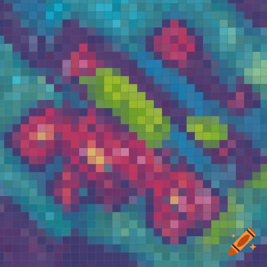 Abstract pixel art with red, green, and blue squares forming amorphous shapes.