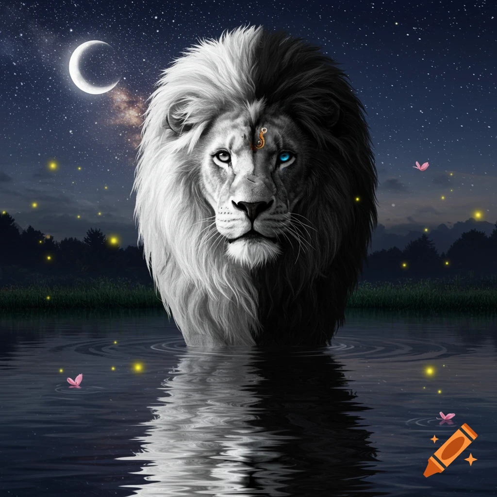 A majestic half white, half black lion with one blue eye stands in water, reflecting the night sky with a crescent moon and stars, surrounded by glowing lights and pink butterflies.