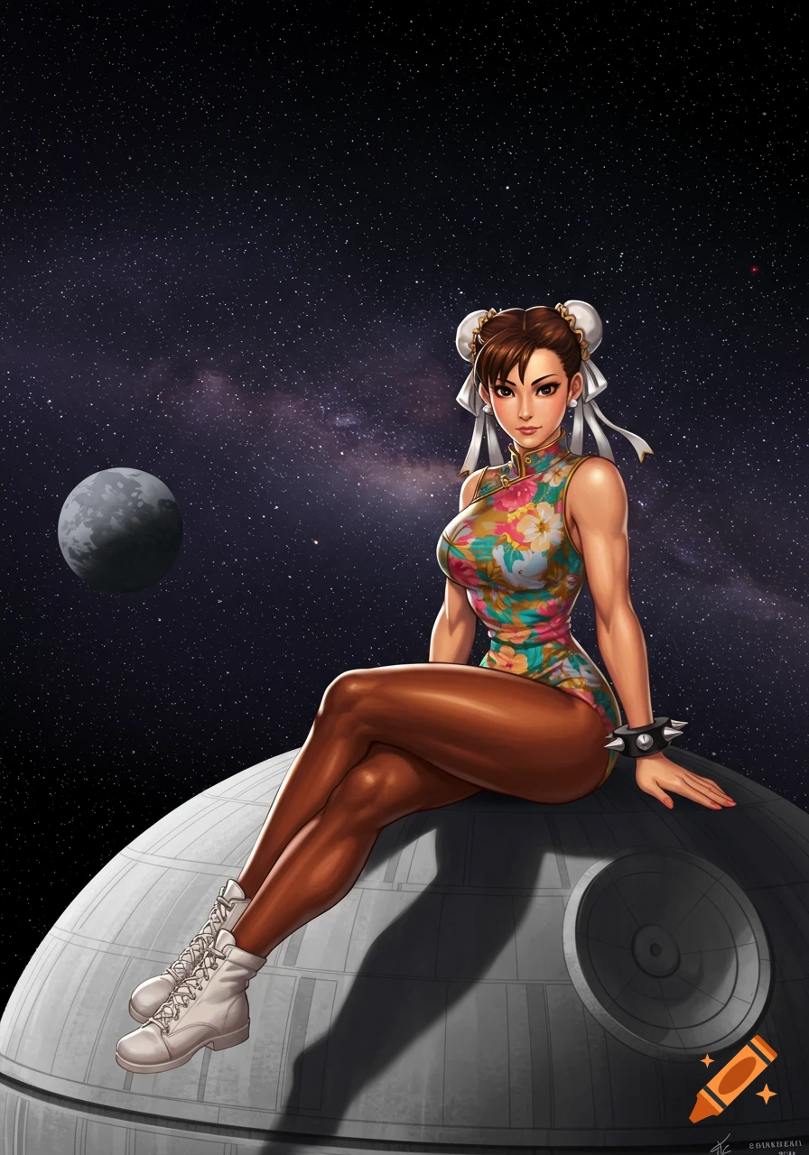 Chun Li, in a floral cheongsam, sits on the Death Star with a starry sky and a moon in the background, in an anime style.