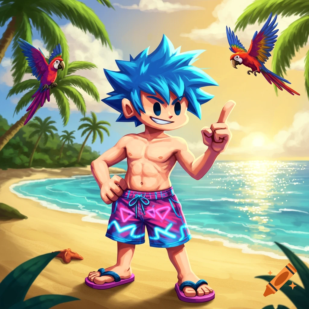 A cartoon character with spiky blue hair in swim trunks stands on a sunny beach, pointing up, with two parrots flying.