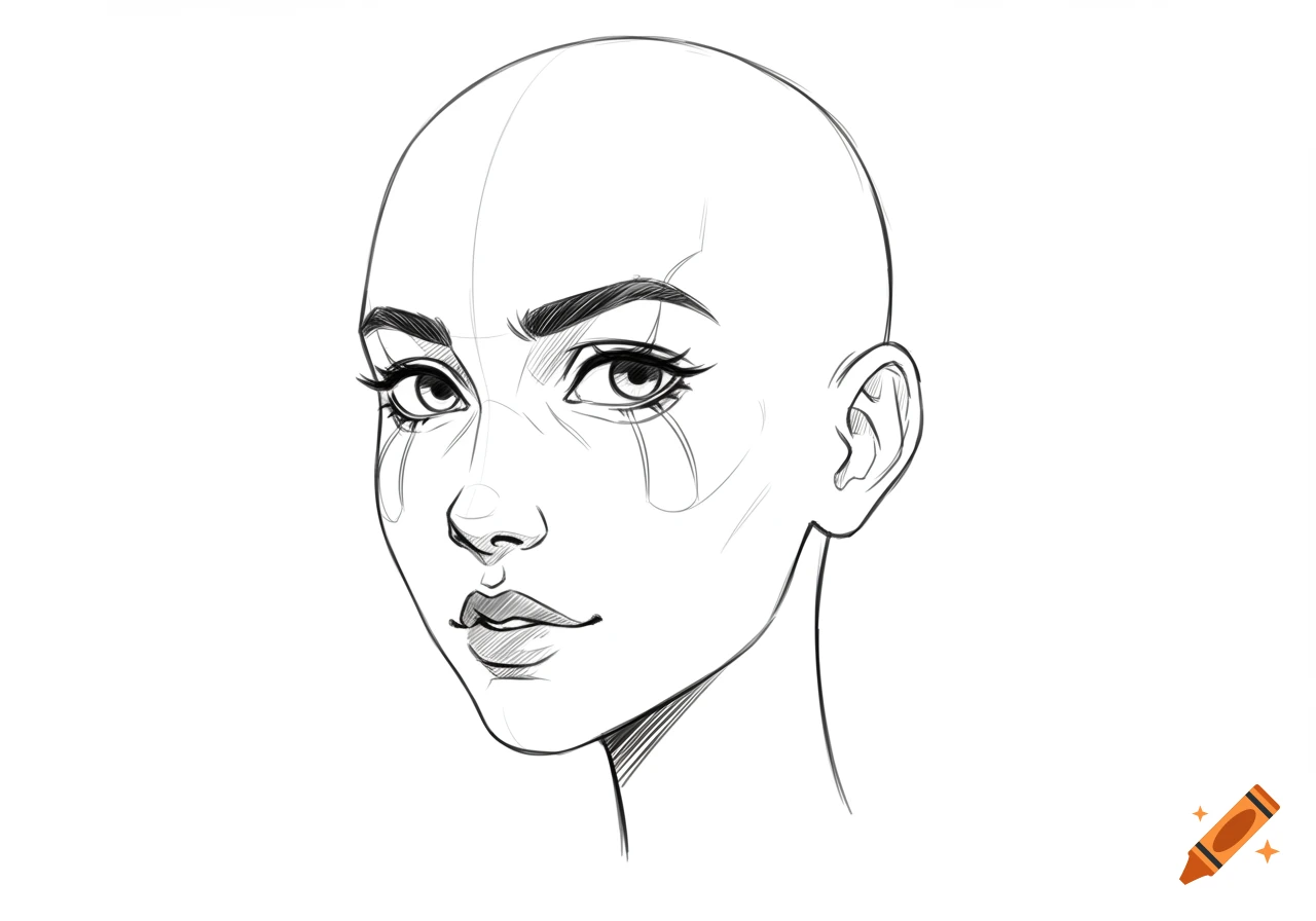 Black and white sketch of a bald female head, a character drawing base in Arcane style, with detailed eyes, eyebrows, nose, and lips.