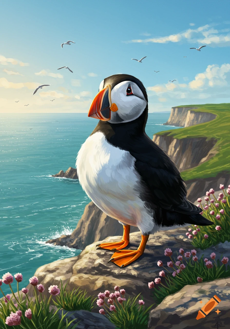 A cute puffin stands on a rocky cliff overlooking a blue ocean with seagulls flying under a bright sky.