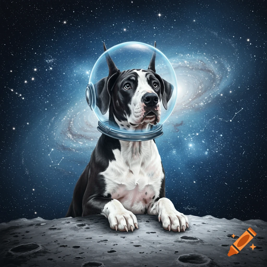 A black and white Great Dane dog wearing a clear space helmet sits on the moon, with a starry galaxy behind it.