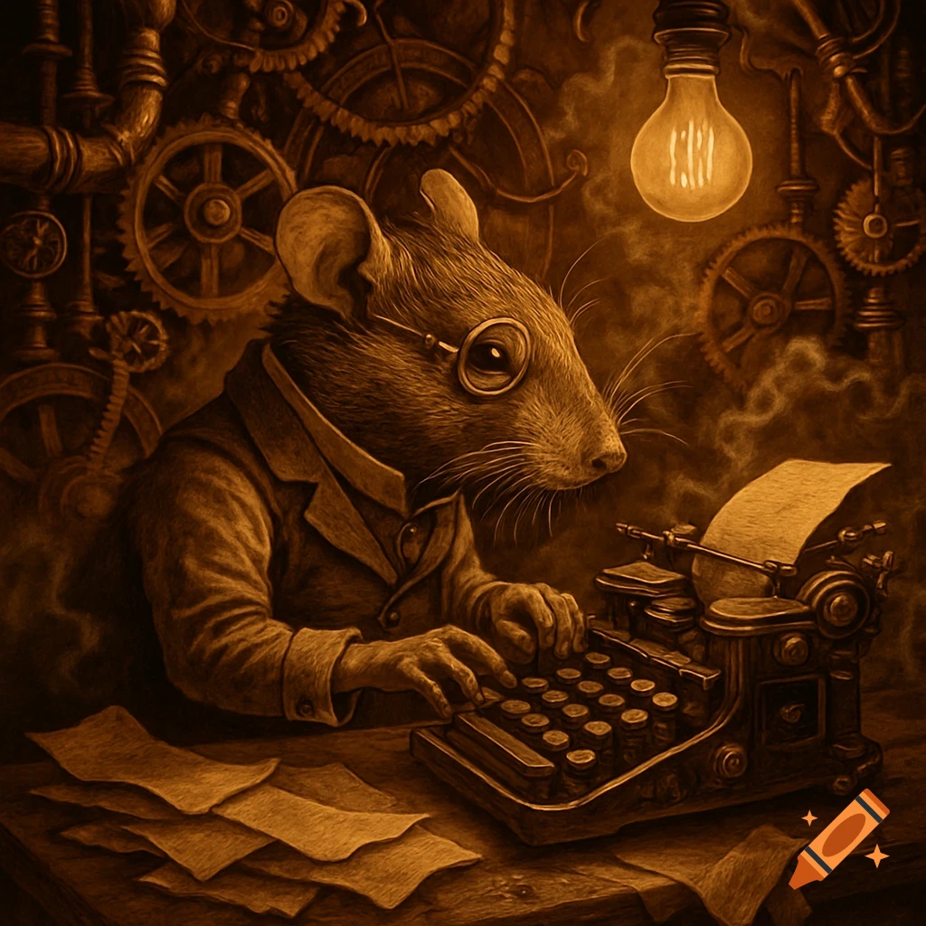 A sepia-toned illustration of an anthropomorphic rat in a suit and spectacles typing on an old typewriter amidst steampunk gears and pipes under a glowing lightbulb.