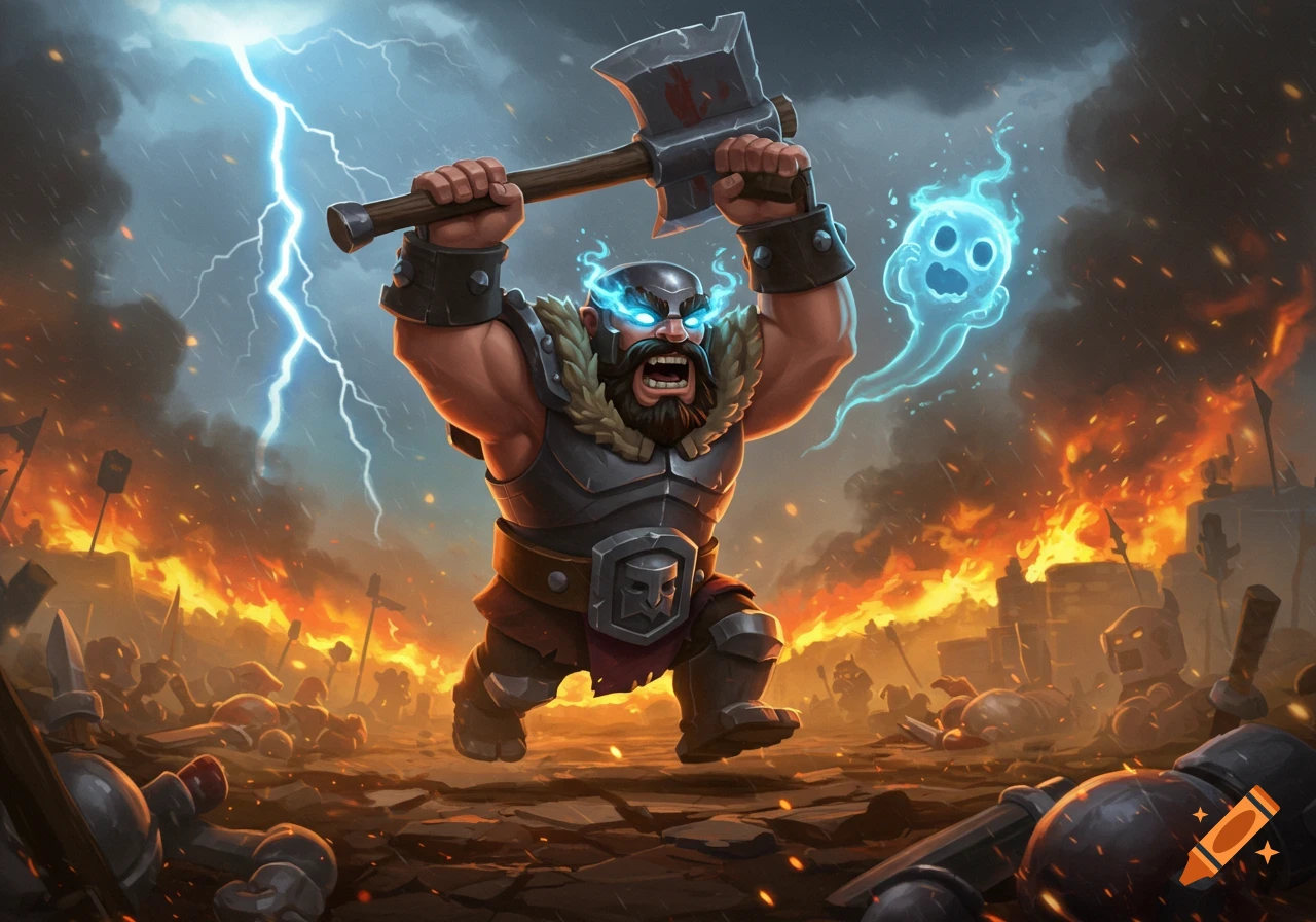A fierce, stylized berserker with glowing blue eyes and a large axe charges forward amidst a fiery battleground with lightning and a blue spirit.