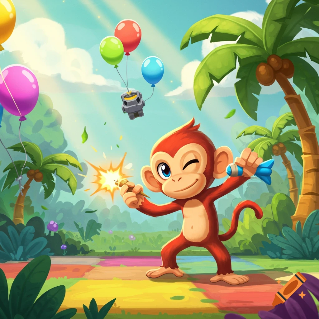 A winking red cartoon monkey holds a lit firecracker and a blue dart in a vibrant jungle setting with colorful balloons and palm trees.