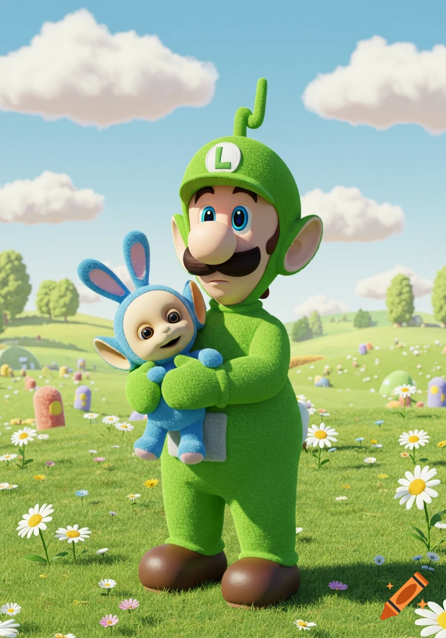 3D rendered image of Luigi in a green Teletubby suit holding a small blue, rabbit-eared Teletubby in a sunny field with daisies.