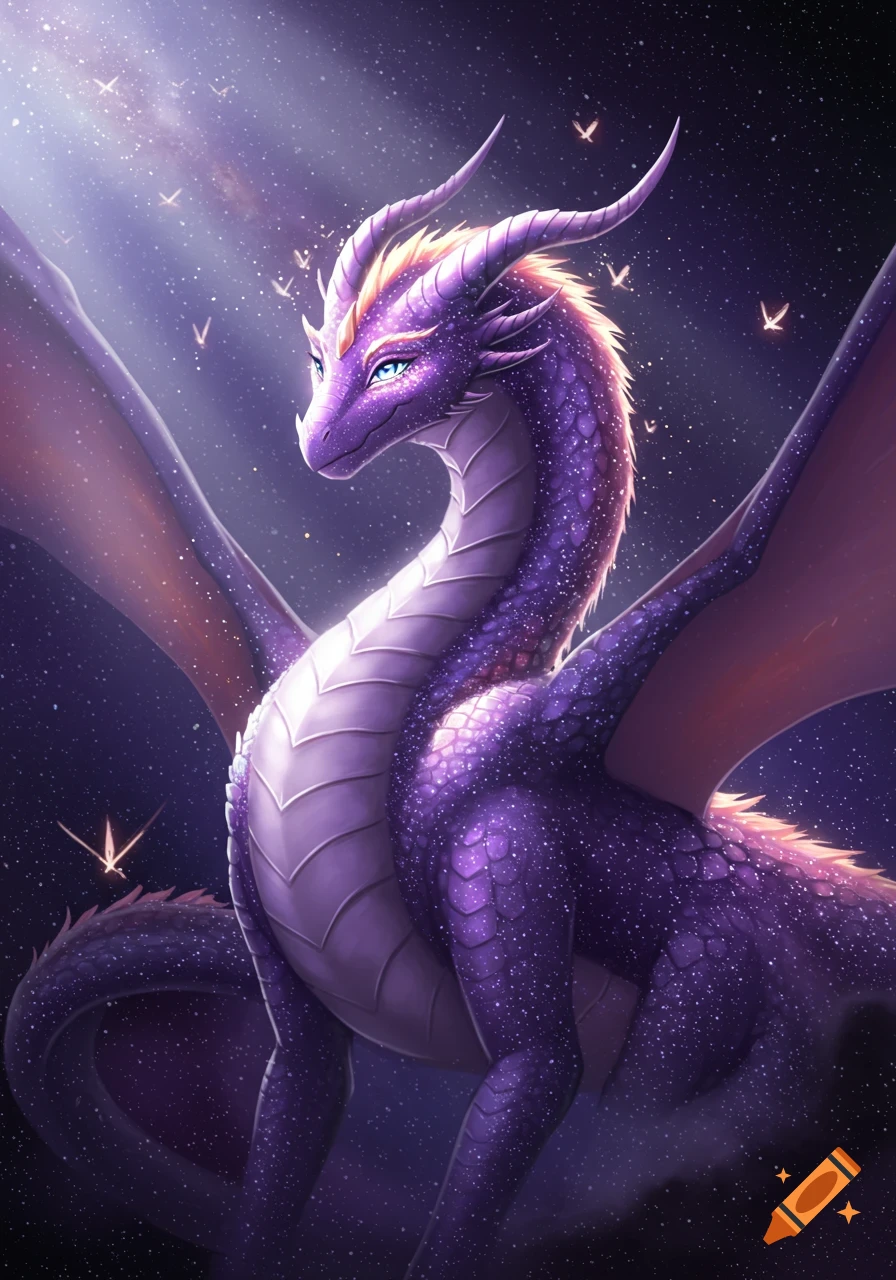 A majestic purple galaxy dragon with shimmering scales and blue eyes looks up in a starry night sky, with tiny glowing creatures.