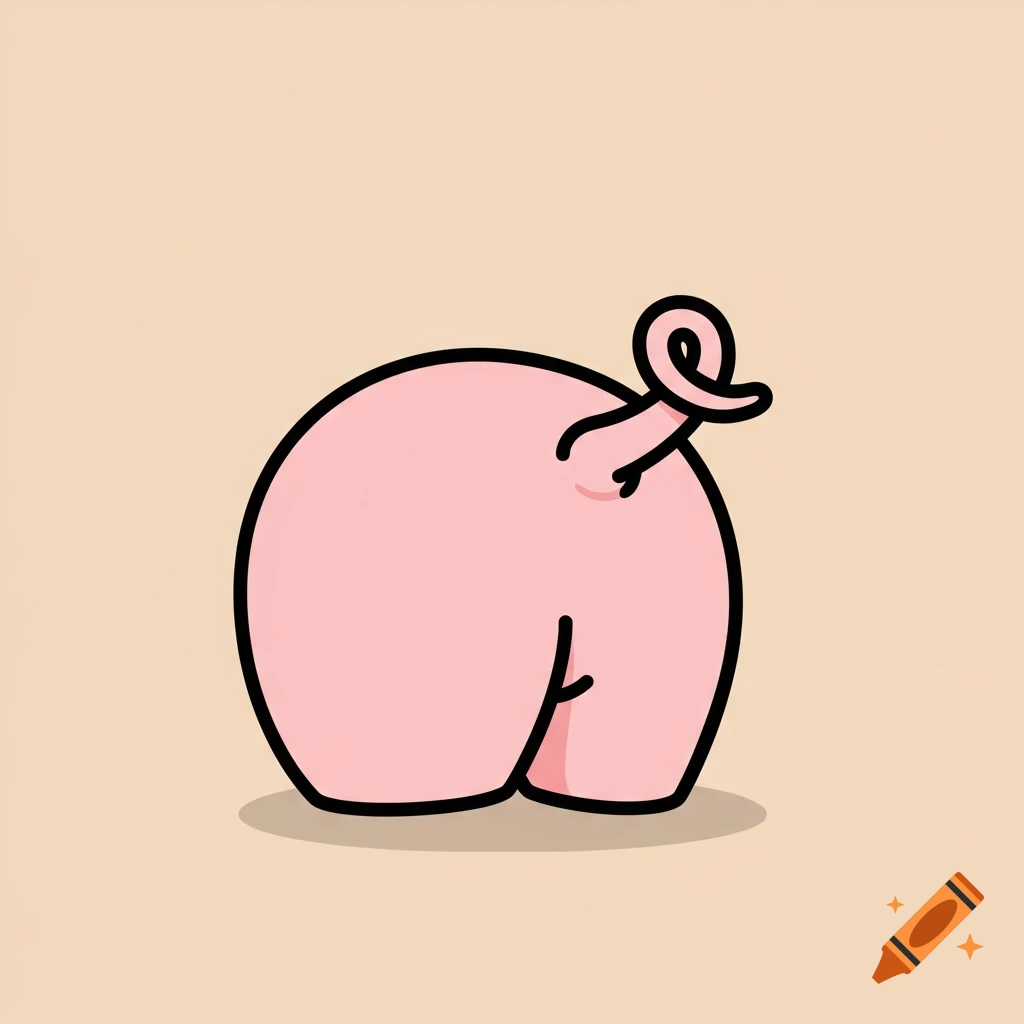 A cute, stylized cartoon pig's rear view, with a pink body and a curly tail, against a light background.