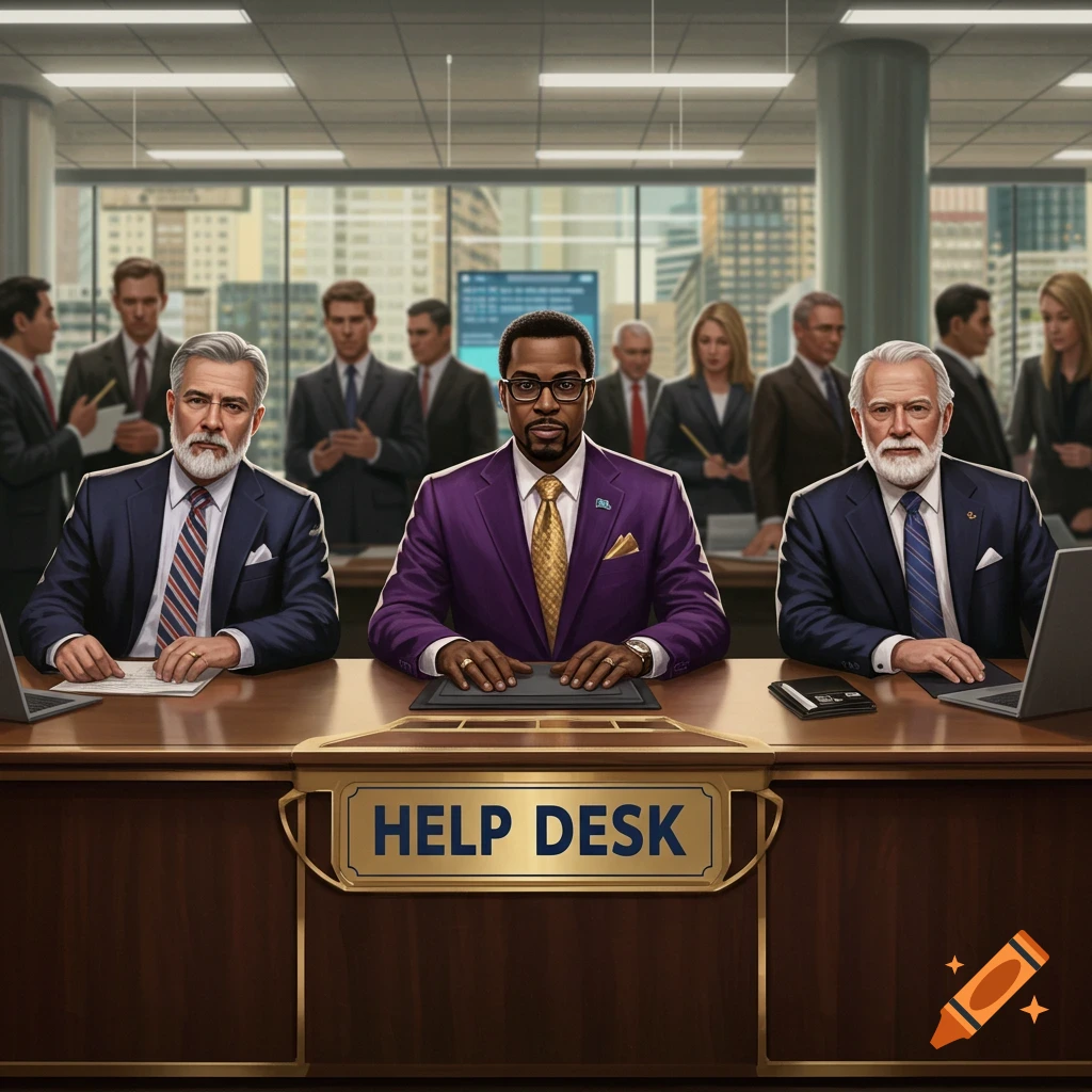 Three men, one in a purple suit, seated at a "HELP DESK" in a modern office with other businesspeople in the background.