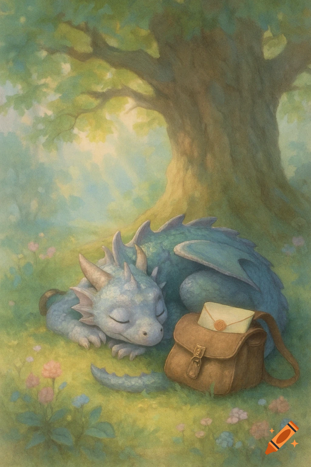 A soft, painted image of a cute blue dragon sleeping under a large tree next to a satchel with a sealed letter.