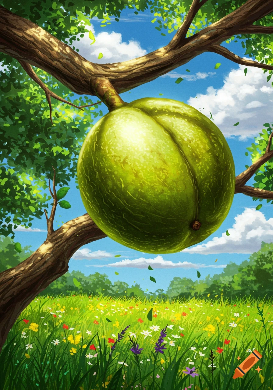 Large green fruit hanging from a tree above a colorful wildflower field, painted in a vibrant, illustrative style.