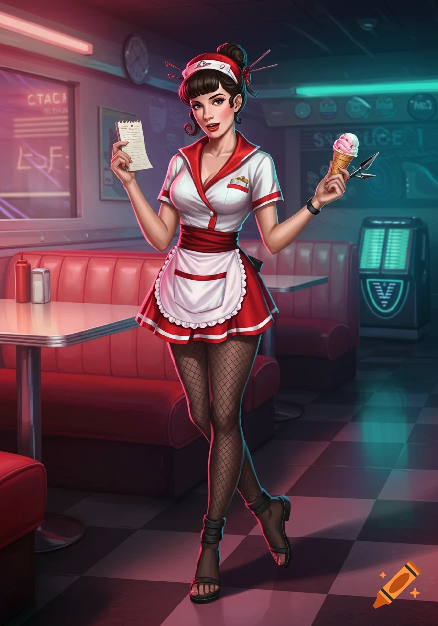 A stylized woman dressed as a retro diner waitress with fishnet stockings holds a notepad and an ice cream cone in a neon-lit diner.