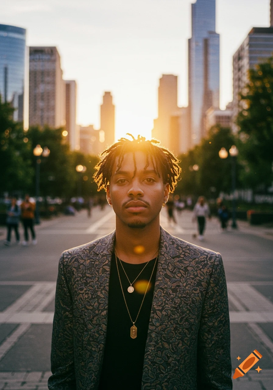 Photorealistic portrait of a young man with dreadlocks and a patterned blazer, standing in an urban park at sunset with city buildings behind him.