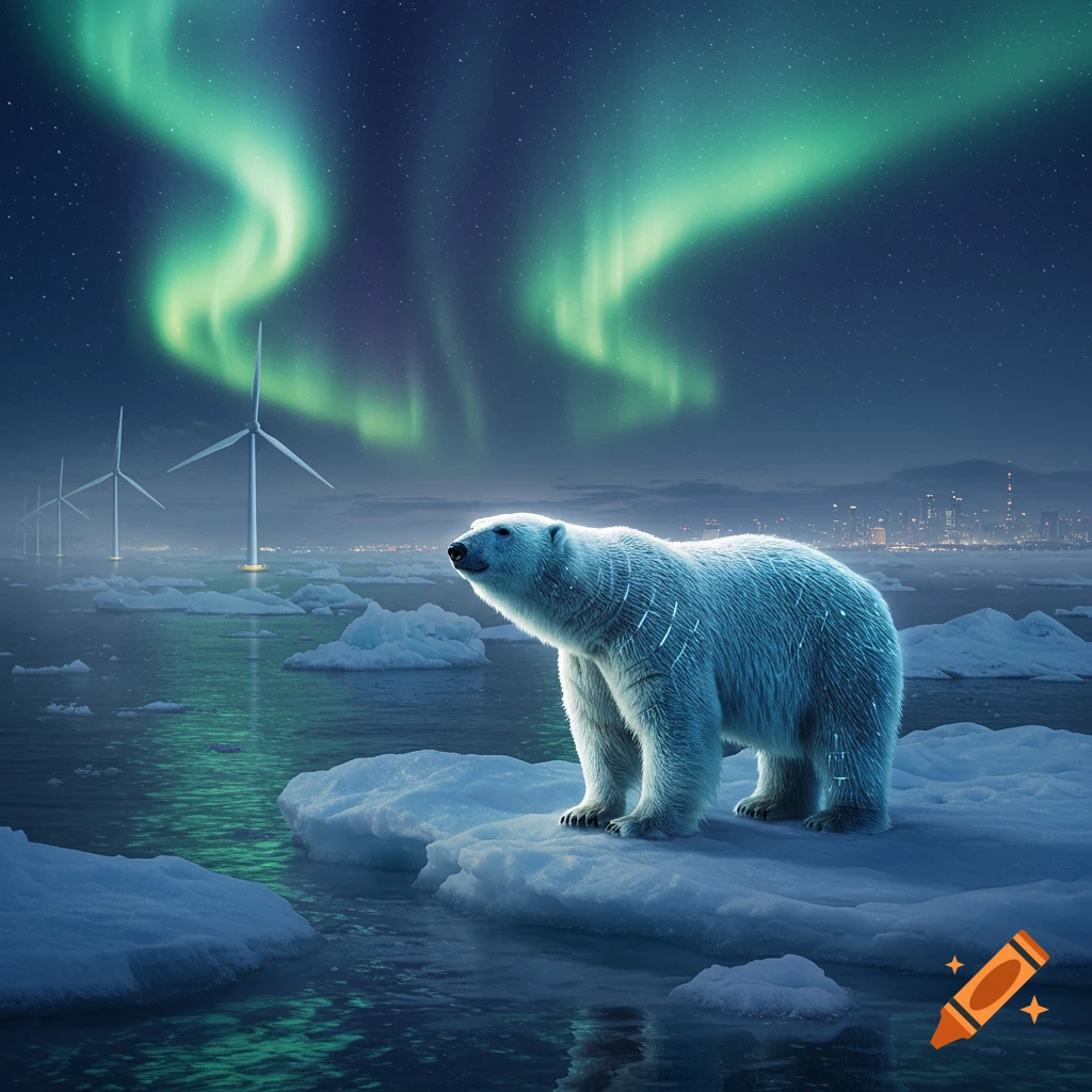 Photorealistic polar bear on ice floe at night under green aurora, with windmills and distant city lights.
