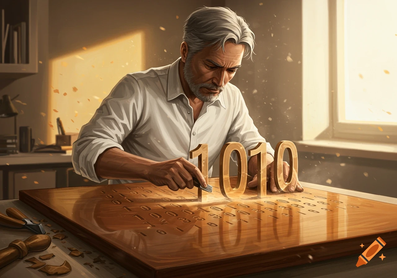 A grey-haired man intently carves the numbers '1010' into a wooden surface, with other binary digits engraved around them.