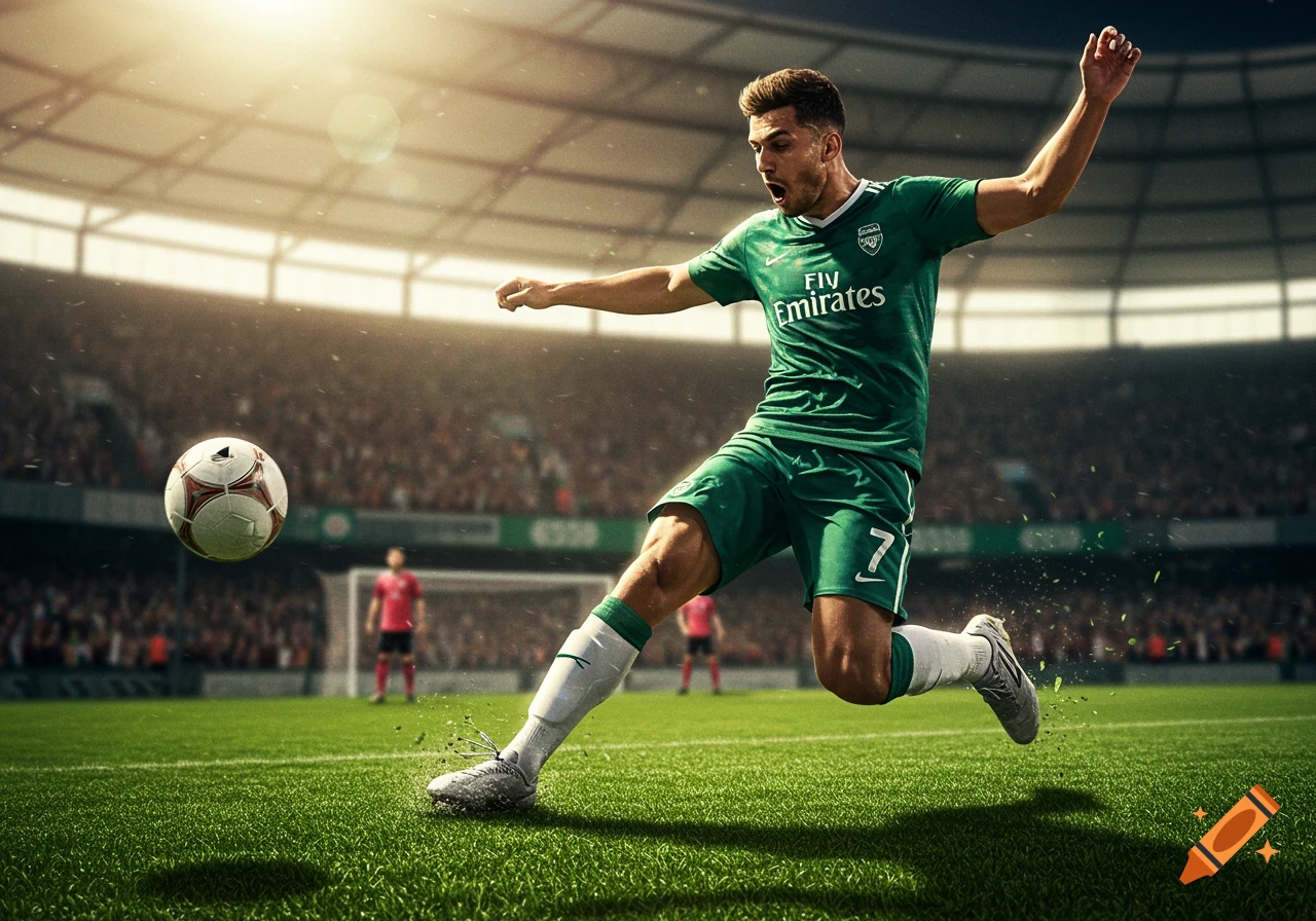 Photorealistic image of a male soccer player in a green uniform kicking a ball in a brightly lit stadium.