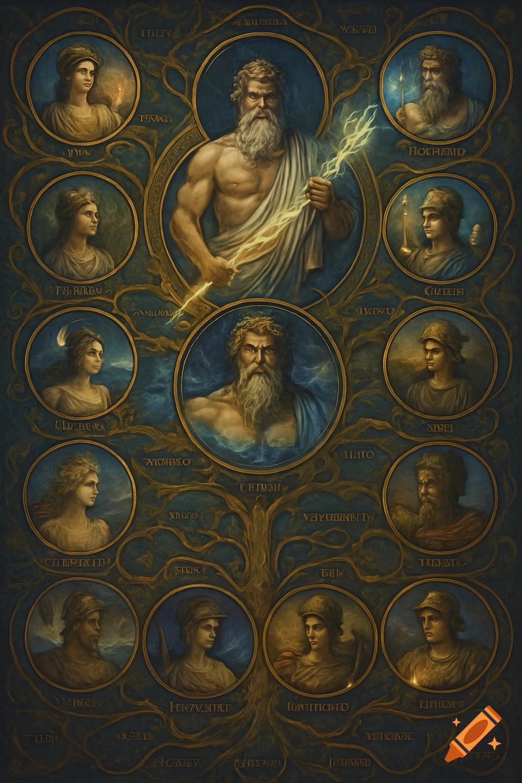An elaborate gold and blue illustration depicting a Greek gods family tree with portraits of Zeus and other mythological figures.