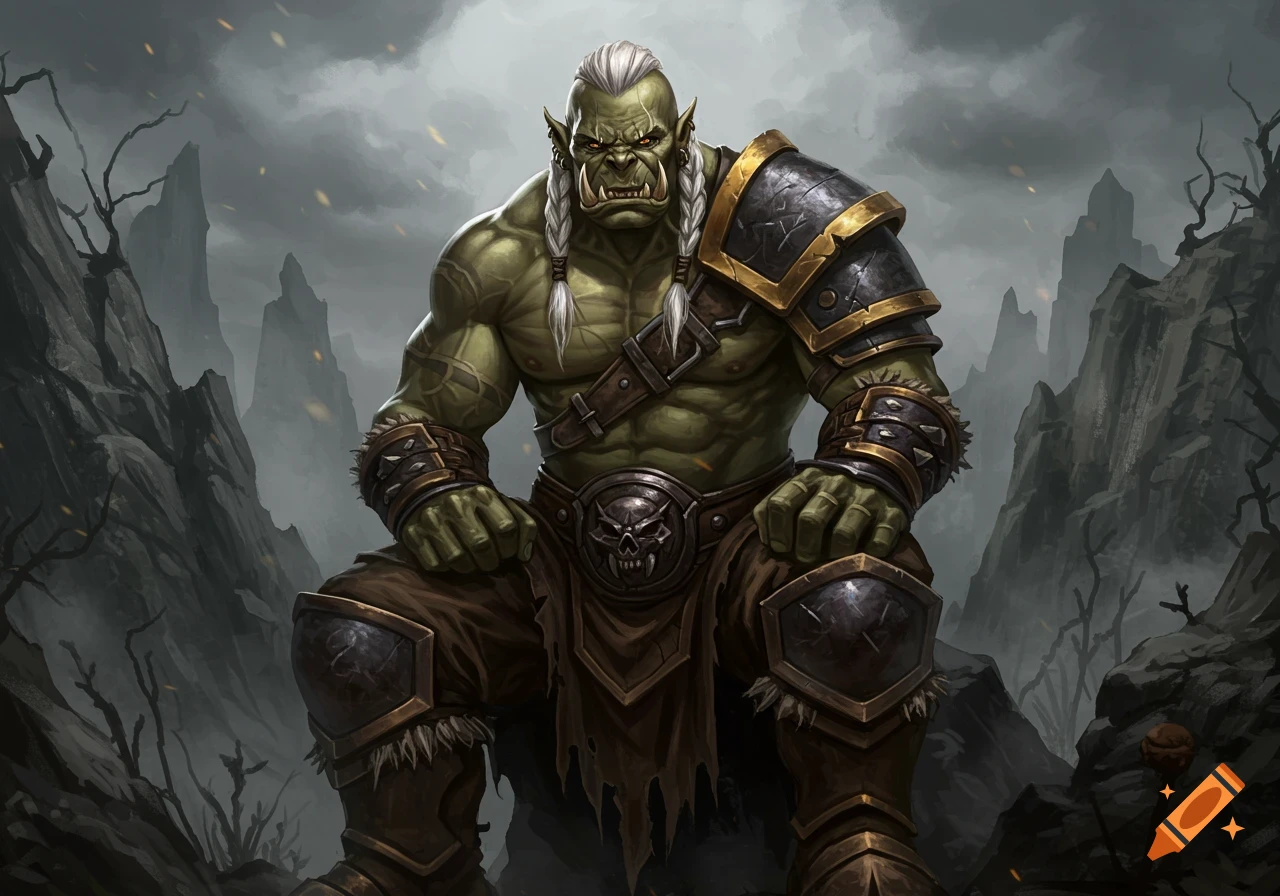 A powerful green-skinned orc with white braided hair and gold armor sits imposingly in a barren, stormy landscape, in a digital painting style.