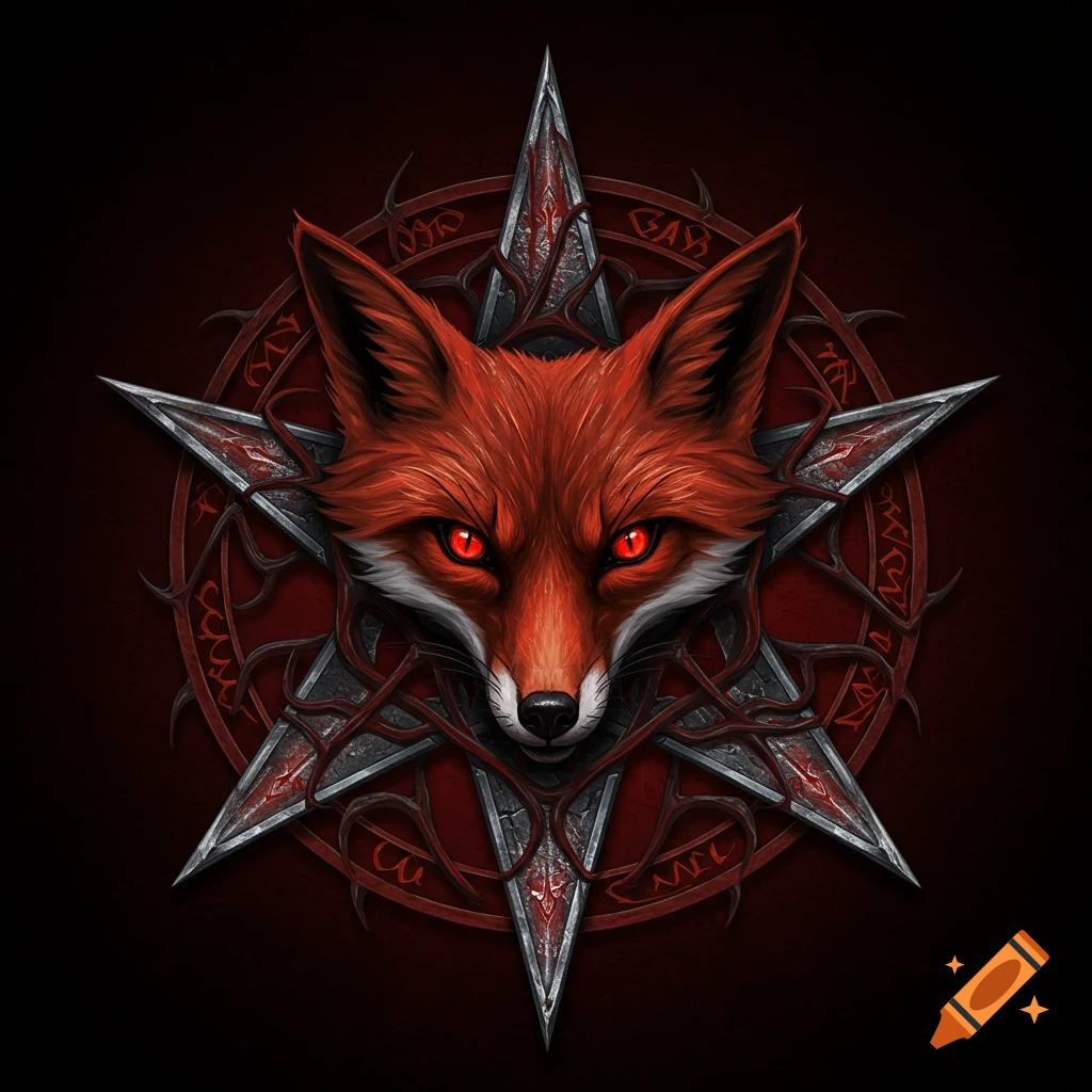 A stylized red fox head with glowing red eyes centered within an inverted pentacle, decorated with dark, thorny patterns.