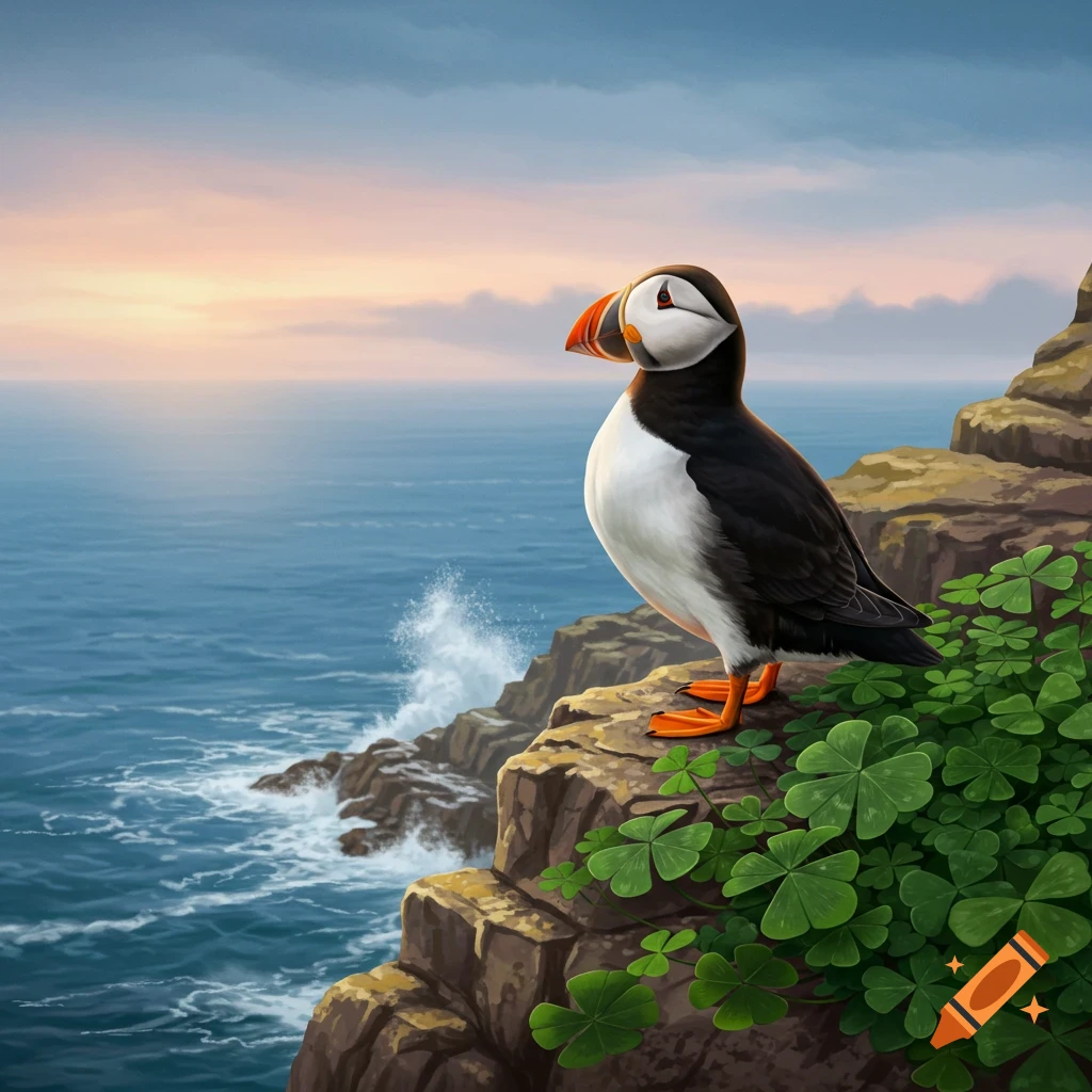 An illustrated puffin stands on a rocky cliff covered with clover, gazing at the ocean during sunset.