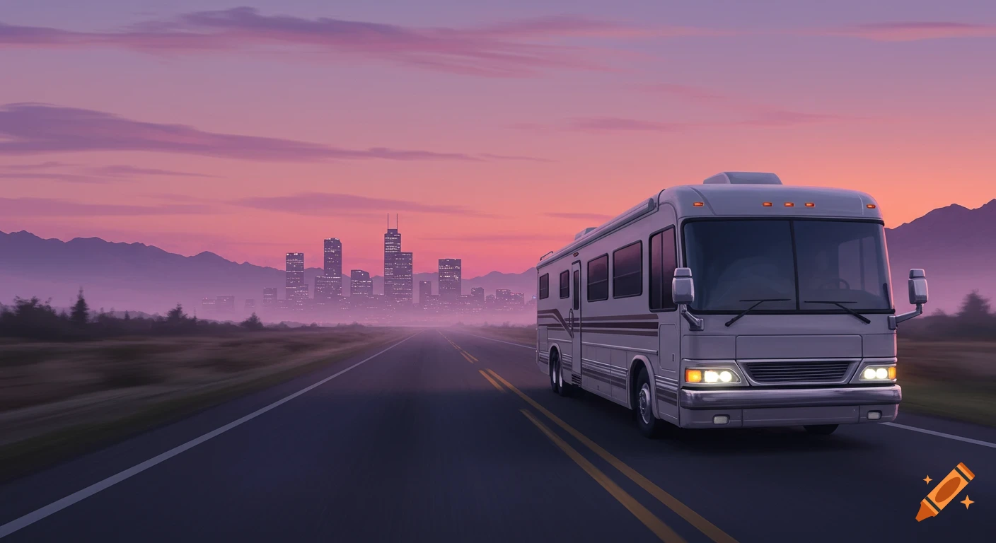 A sleek RV travels on an empty highway towards a city skyline and mountains under a pink and purple sunset.
