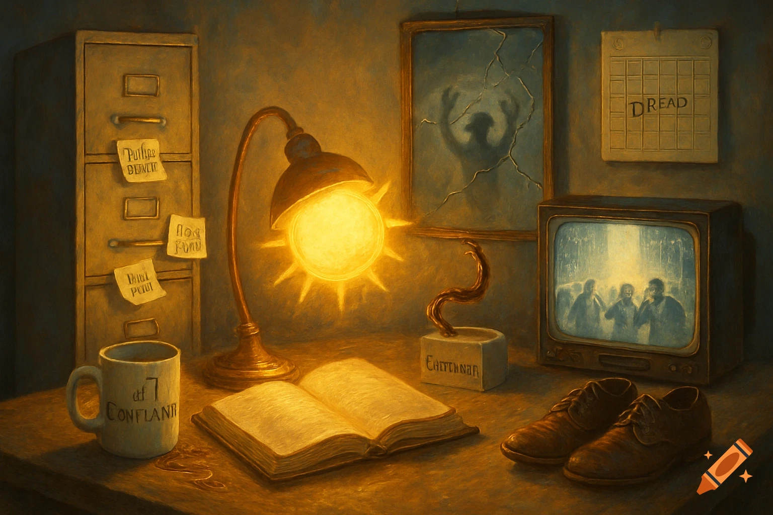 A cluttered desk with a glowing sun-like lamp, an open book, a coffee mug, and worn shoes. A cracked mirror reflects a figure with raised arms, and an old TV shows people shielding their eyes. A calendar marked 'DREAD' hangs on the wall.