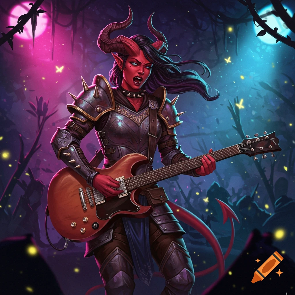A red-skinned Tiefling female in armor plays an electric guitar in a glowing, dark forest. Digital art.