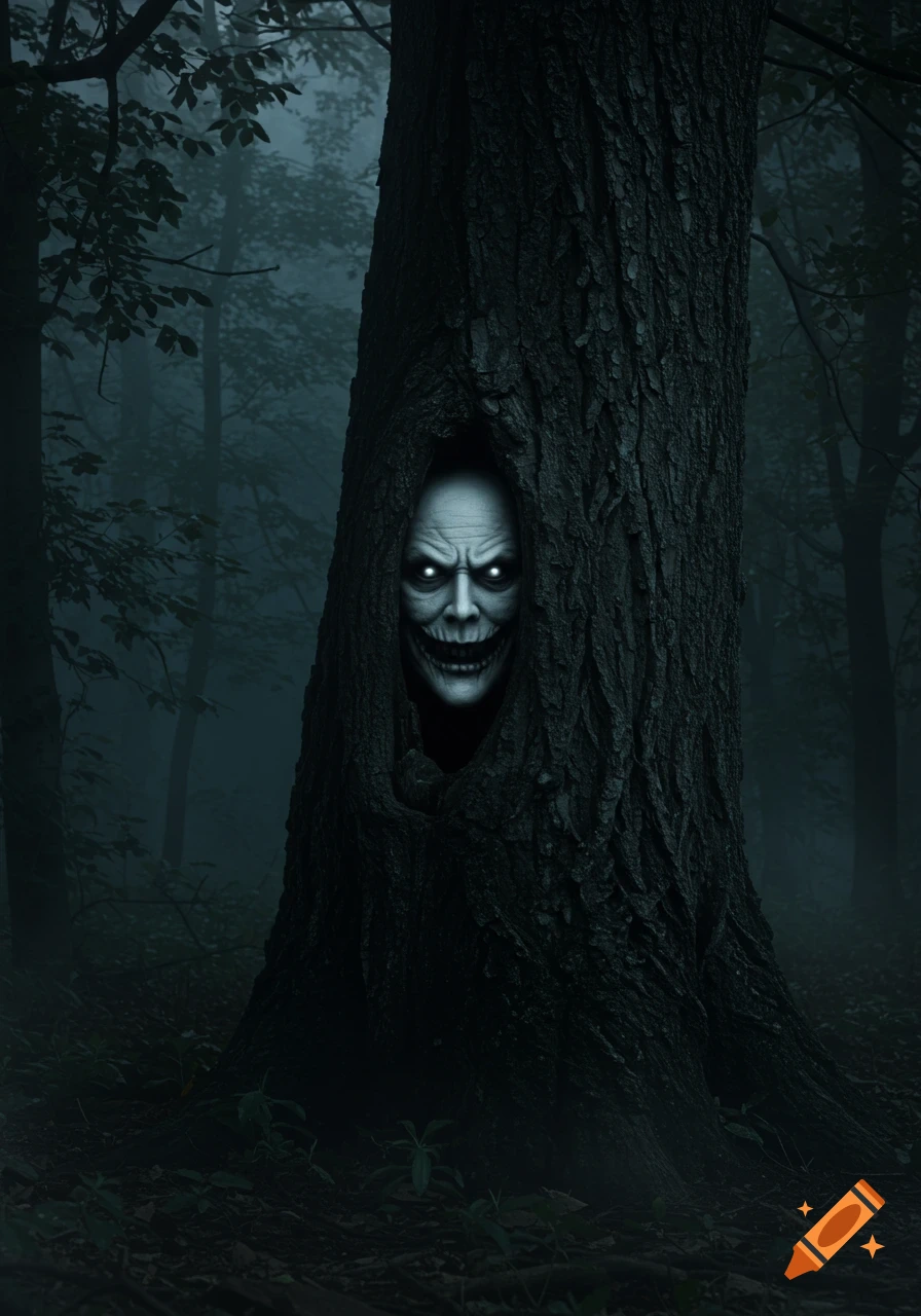 A pale, creepy face with glowing white eyes and a wide, unsettling smile peers out from a dark hole in a tree trunk in a foggy, dark forest.