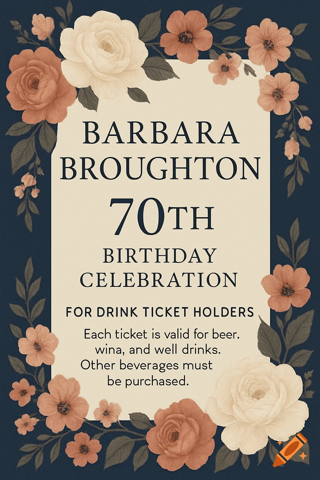 A vintage-style birthday party flyer for Barbara Broughton's 70th, framed by orange and cream flowers on a dark blue background.