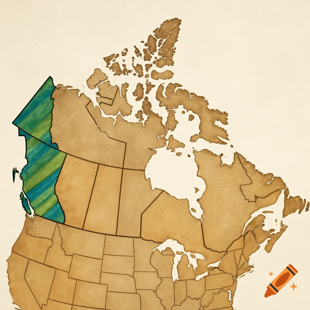 Stylized map of Canada with provinces outlined, highlighting British Columbia with green and blue diagonal stripes.