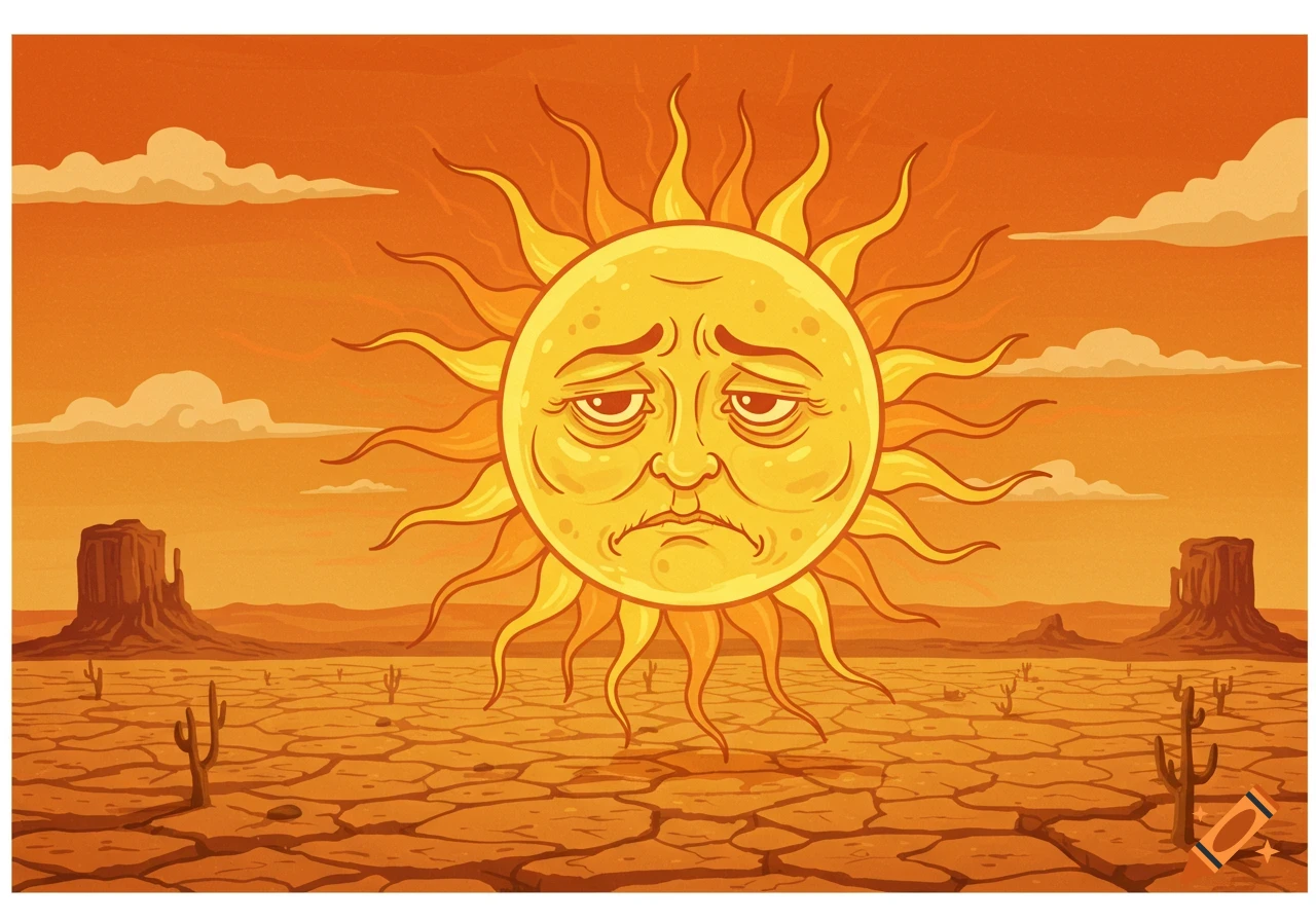 A cartoon sun with a sad expression hovers over a cracked desert landscape with mesas and cacti under an orange sky.