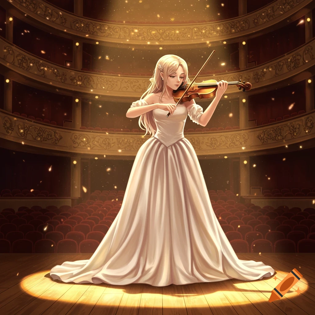 An anime girl with long blonde hair in a white gown plays the violin on a brightly lit stage in a grand theatre.