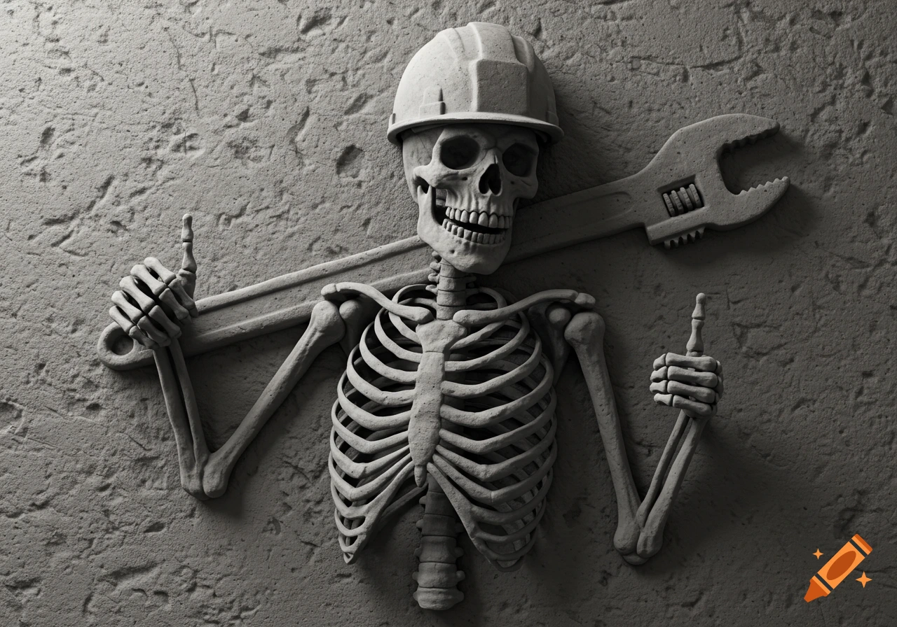 A skeleton wearing a hard hat, carved in stone bas relief, holding a large spud wrench and giving two thumbs up.