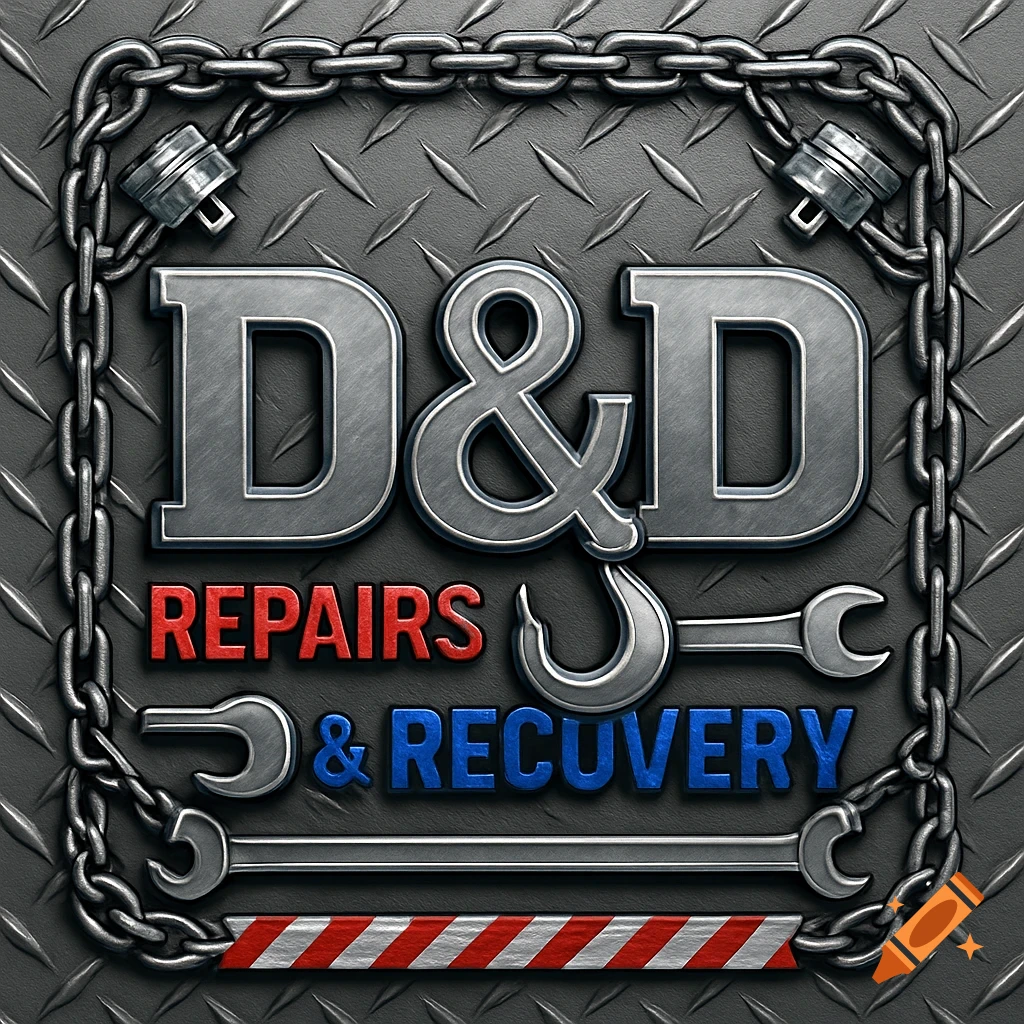 A metallic logo featuring "D&D REPAIRS & RECOVERY" on a steel checker plate background, framed by chains and wrenches, with a tow hook as an ampersand.