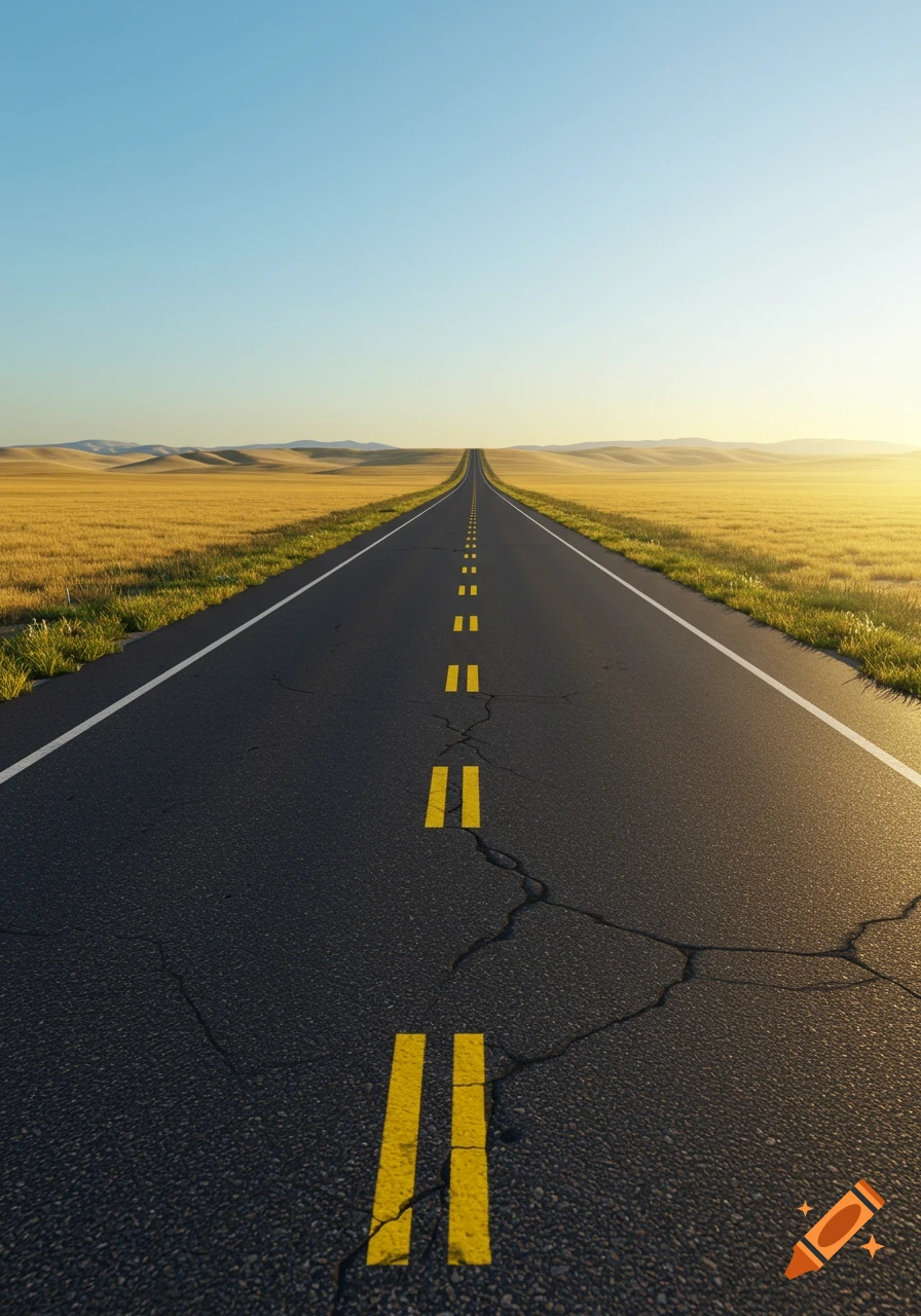 A long straight road with yellow dashed lines extends through golden fields under a clear sky at sunset.
