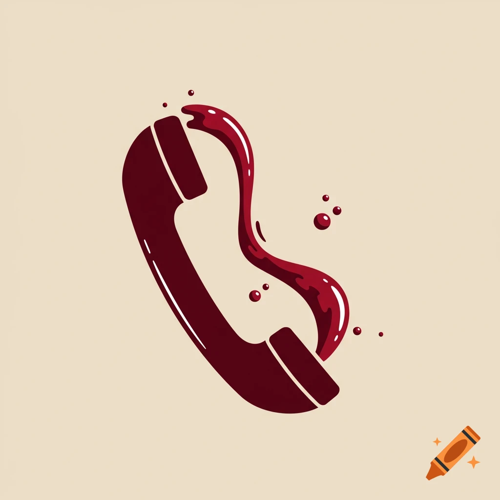 A minimalist illustration of a dark red phone handset with red liquid pouring and swirling from it.