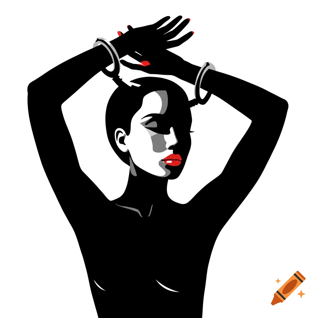 Stylized black, white, and red illustration of a woman with hands cuffed above her head, in the style of Nagel.