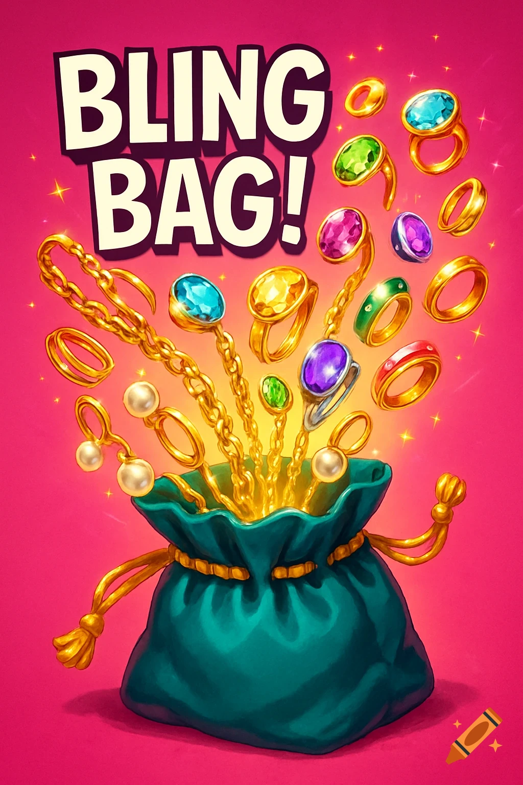 A green bag with gold chains, colorful rings, and earrings bursting out on a pink background, with the text 'BLING BAG!'.