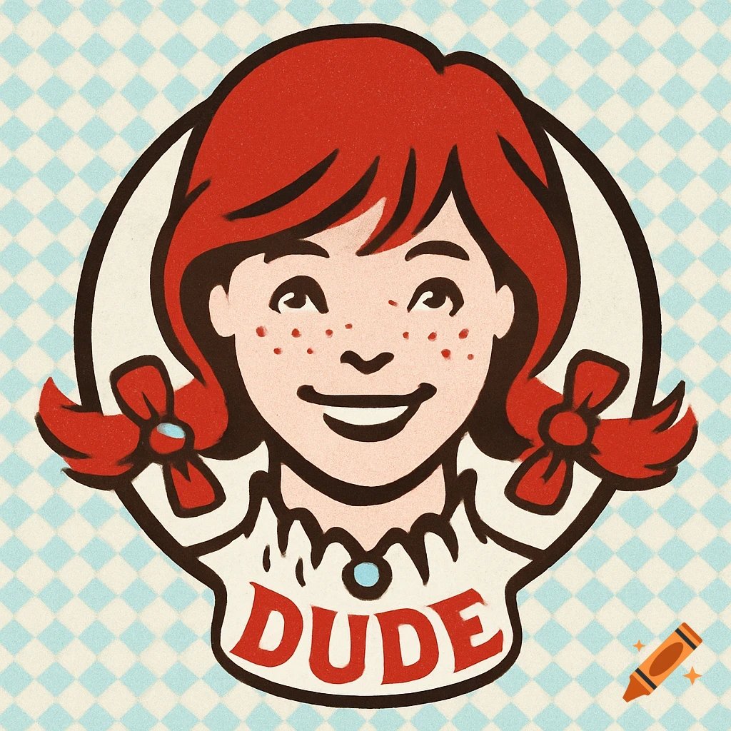 A cartoon logo of a smiling girl with red pigtails, resembling Wendy, on a checkered background. The word "DUDE" is on her collar.