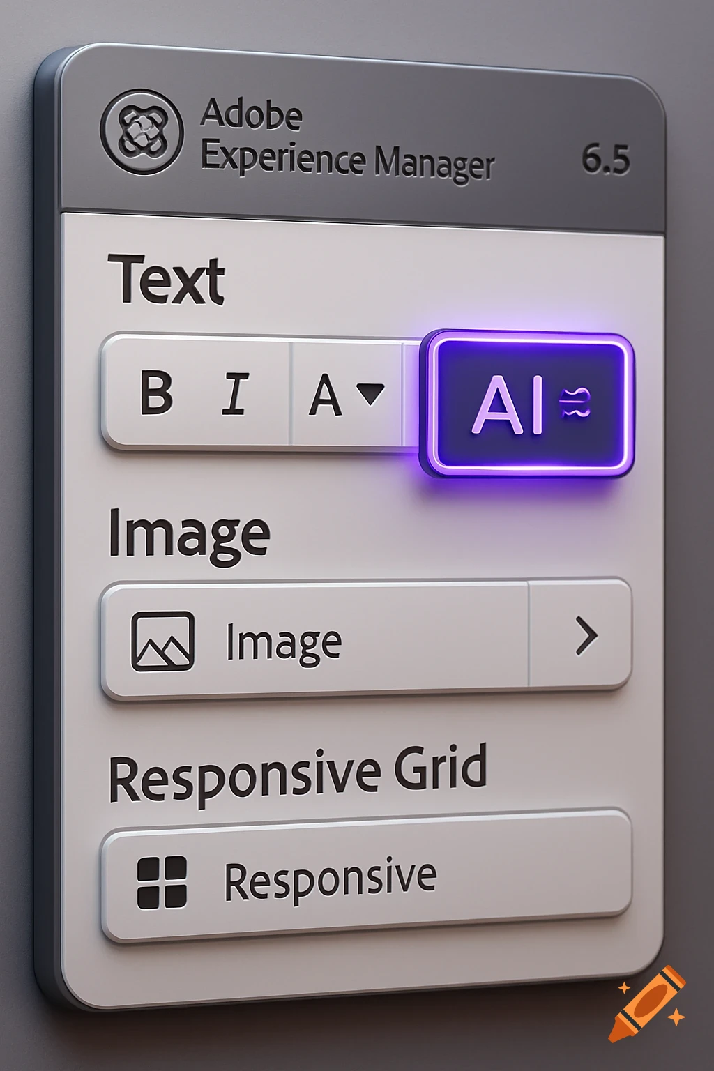 3D render of a UI panel for Adobe Experience Manager 6.5, showing text editing options and a glowing AI button.