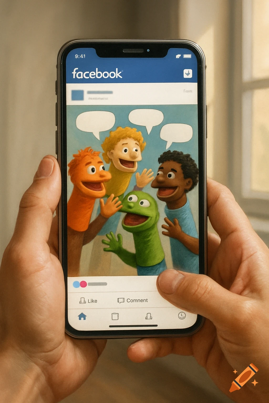 Close-up, first-person view of hands holding a smartphone displaying the Facebook app, where colorful hand puppets of different races are shown interacting.